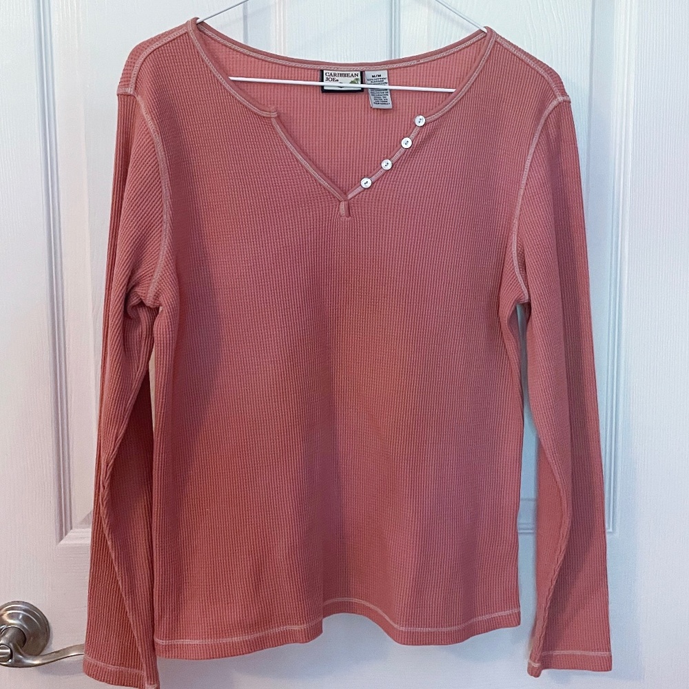 Caribbean Joe Ladies Size M Dusty Pink Henley Top V-Neck Long Sleeve Shirt